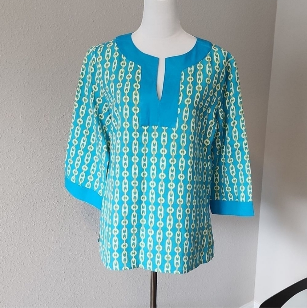 Turquoise Yellow/Gold Chain Design Appraisal Blouse/Top XL Runs Small L or M